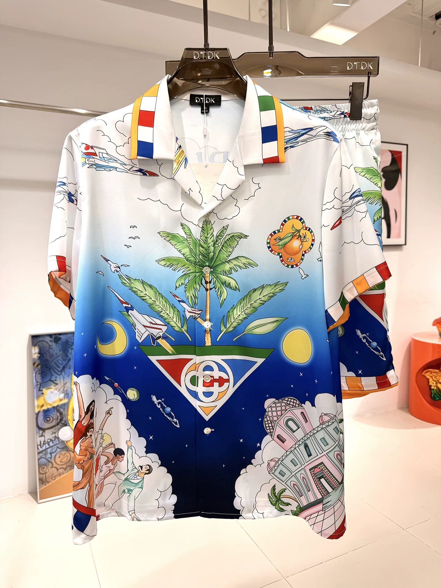 D.T.DK潮牌巴洛克男士冰丝衬衫领睡衣夏季短袖印花家居服套装外穿