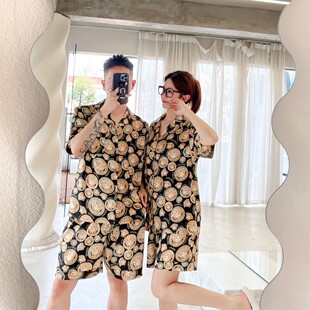 夏季 短裤 睡衣高级感 情侣男女短袖 巴洛克潮复古印花冰丝家居服套装