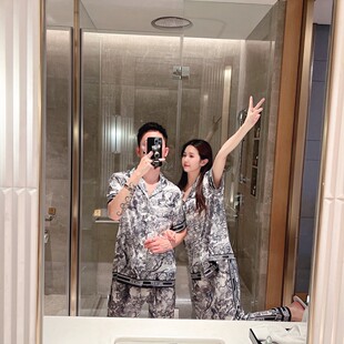 巴洛克潮牌水墨画情侣冰丝绸睡衣男女夏季短袖长裤宽松家居服套装