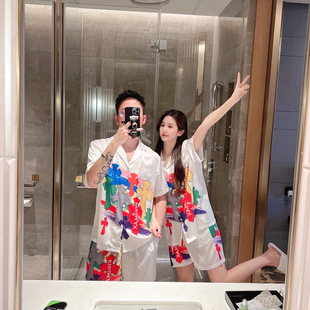 薄款 巴洛克奢华印花冰丝家居服套装 短裤 情侣短袖 睡衣多巴胺风 夏季