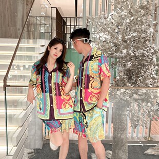 领可外穿夏季 衬衫 男女情侣款 巴洛克高级感奢华印花冰丝家居服套装