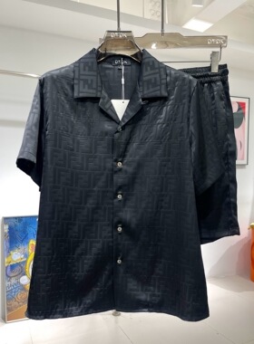 D.T.DK男士夏季短袖冰丝衬衫领睡衣奢华F印花薄款宽松家居服套装