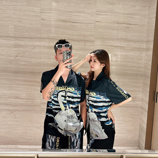 潮流风冰丝印花家居服套装 短裤 夏季 衬衫 睡衣 情侣短袖 巴洛克潮个性