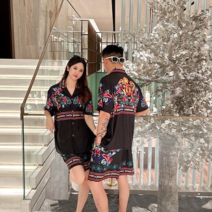 外穿薄款 短裤 男女情侣短袖 巴洛克潮牌花卉字母印花冰丝家居服套装