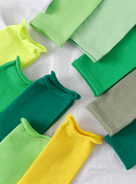 绿色袜子女秋季薄款纯棉荧光绿墨绿长筒日系纯色卷边春夏款中筒袜