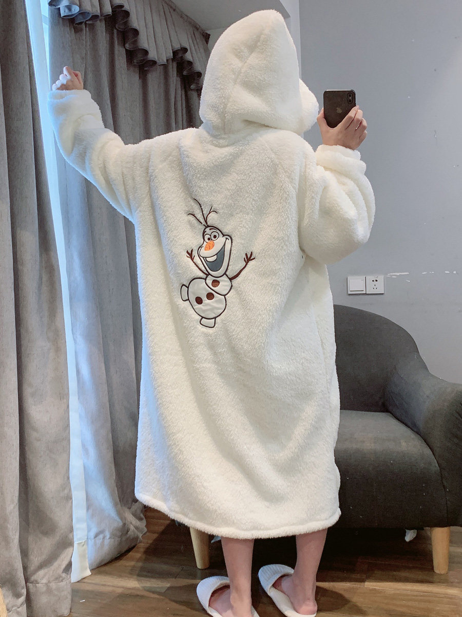 珊瑚绒睡衣女秋冬季加绒加厚冬天可外穿连帽卡通可爱睡袍女家居服