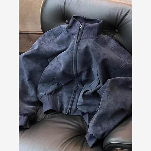 灰蓝色pu皮衣外套男款美