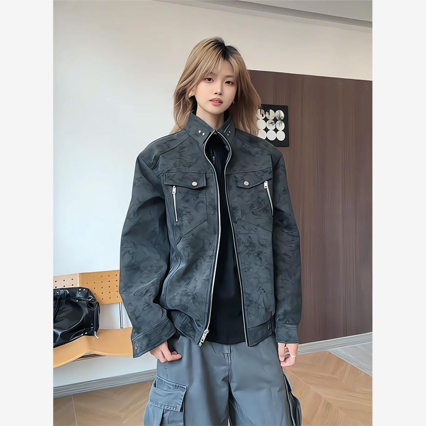 美式扎染pu皮衣夹克男款