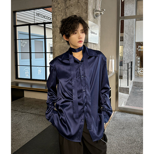 男款 baby冰蓝色衬衫 高级感醋酸丝绸衬衣飘带翻领禁欲系缎面内搭潮