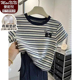 2026带胸垫纯棉睡衣女夏季 上衣简约透气条纹圆领家居服可外穿 短袖