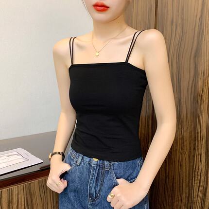 黑色双肩细吊带背心女夏季外穿纯棉内搭设计感露肩美背无袖上衣潮