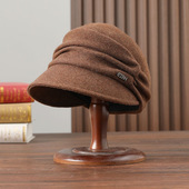 羊毛鸭舌帽女洋气简约百搭保暖盆帽韩版 潮加宽帽檐修饰脸型堆堆帽