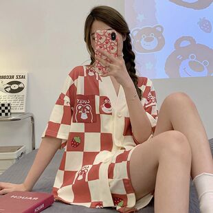 新款睡衣女夏季套头可爱薄款套装开衫短袖短裤家居服宽松可外穿