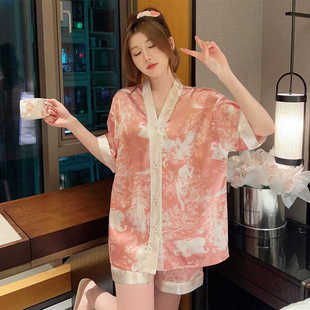 冰丝睡衣女夏开衫 宽松奢华感短裤 短袖 薄卡通网红风V领家居服套装