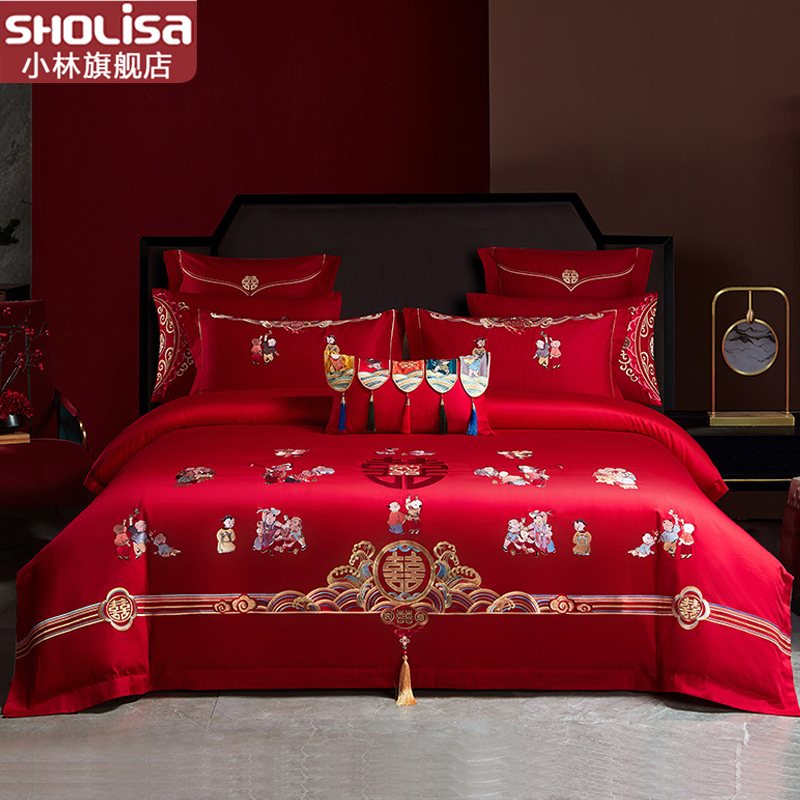 小林寝饰2023年新品婚庆四件套大红全棉结婚喜庆被六八十床上用品
