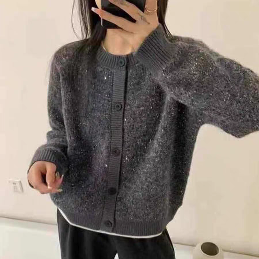 欧洲站2025秋冬新款时尚圆领单排扣亮片加厚针织开衫毛衣外套女装,女装/女士精品,毛衣,淘宝优惠券,粉丝福利购,淘宝优惠卷