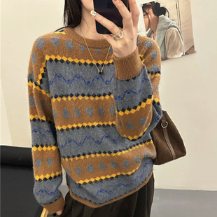 港味复古风撞色条纹毛衣女韩版慵懒风宽松潮流软糯套头针织衫上衣
