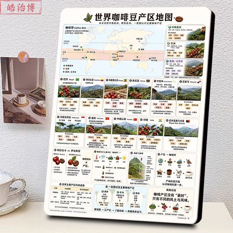 世界咖啡豆产区地图相框咖啡豆风味解析咖啡馆吧台烘焙工作室摆件
