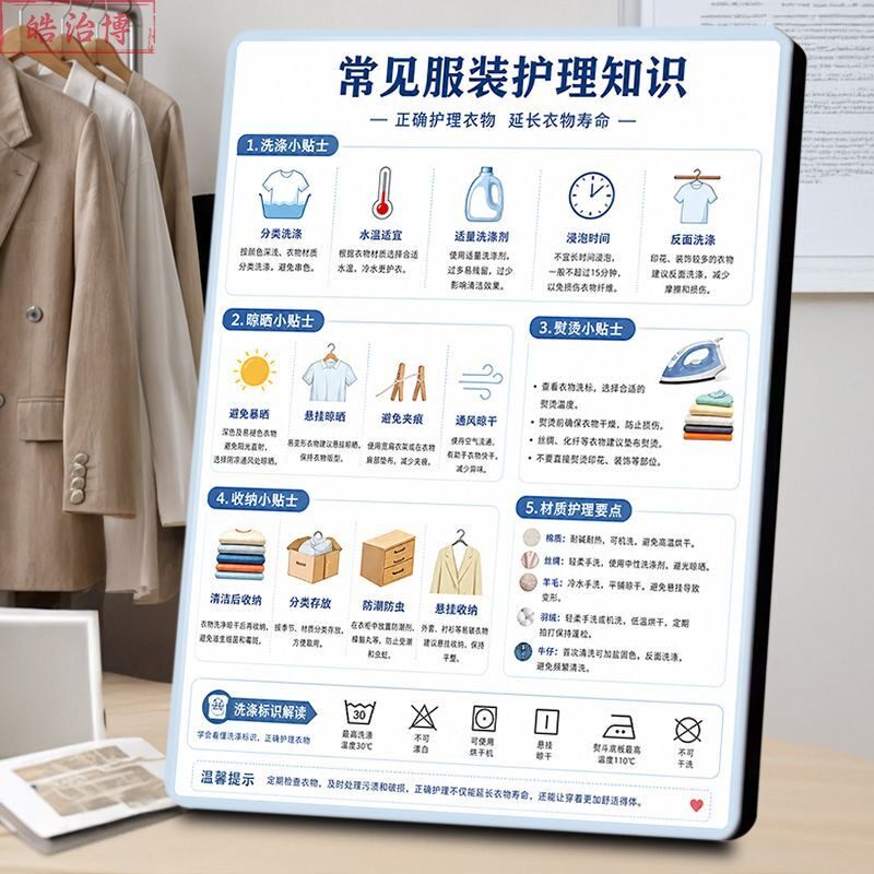 服装保养知识相框衣服洗涤晾晒收纳熨烫常识干洗店服装店前台摆放