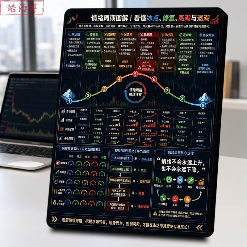 情绪周期图解摆件股市冰点修复高潮退潮盘面特征爱好装饰桌面摆件