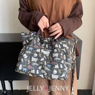 猫咪乐园黑底小众设计帆布托特包手提单肩大容量斜跨帆布袋B31