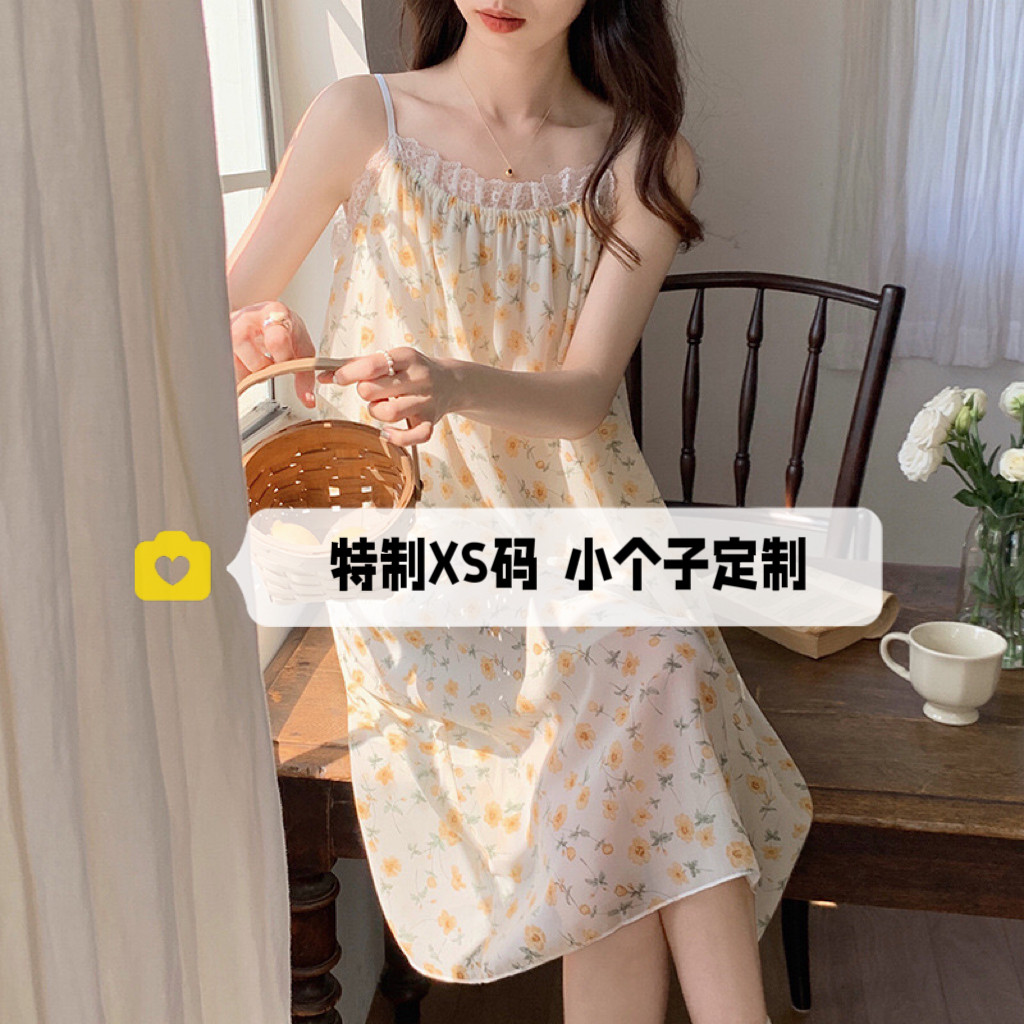 150小个子吊带雪纺睡裙夏季性感纯欲风连衣裙甜美碎花睡衣加小xs