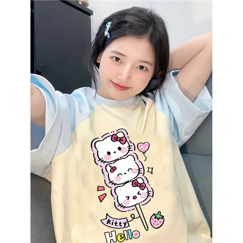 HelloKitty200斤纯棉蓝色插肩t恤闺蜜装夏季女多巴胺宽松显瘦上衣