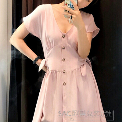 西班牙单欧美原单外贸尾单2018夏季新款女V领短袖蝴蝶结饰连衣裙B