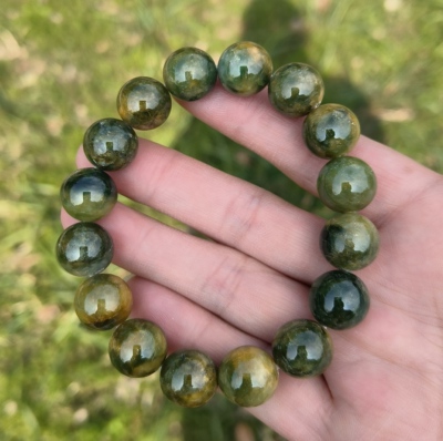 卡13.4mm黄加绿翡翠手串男款天然缅甸翡翠A货玉石圆珠16颗送证书