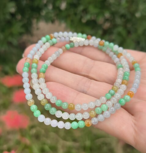 卡3.8mm三彩多宝小米珠项链手链天然缅甸翡翠A货玉石圆珠157颗