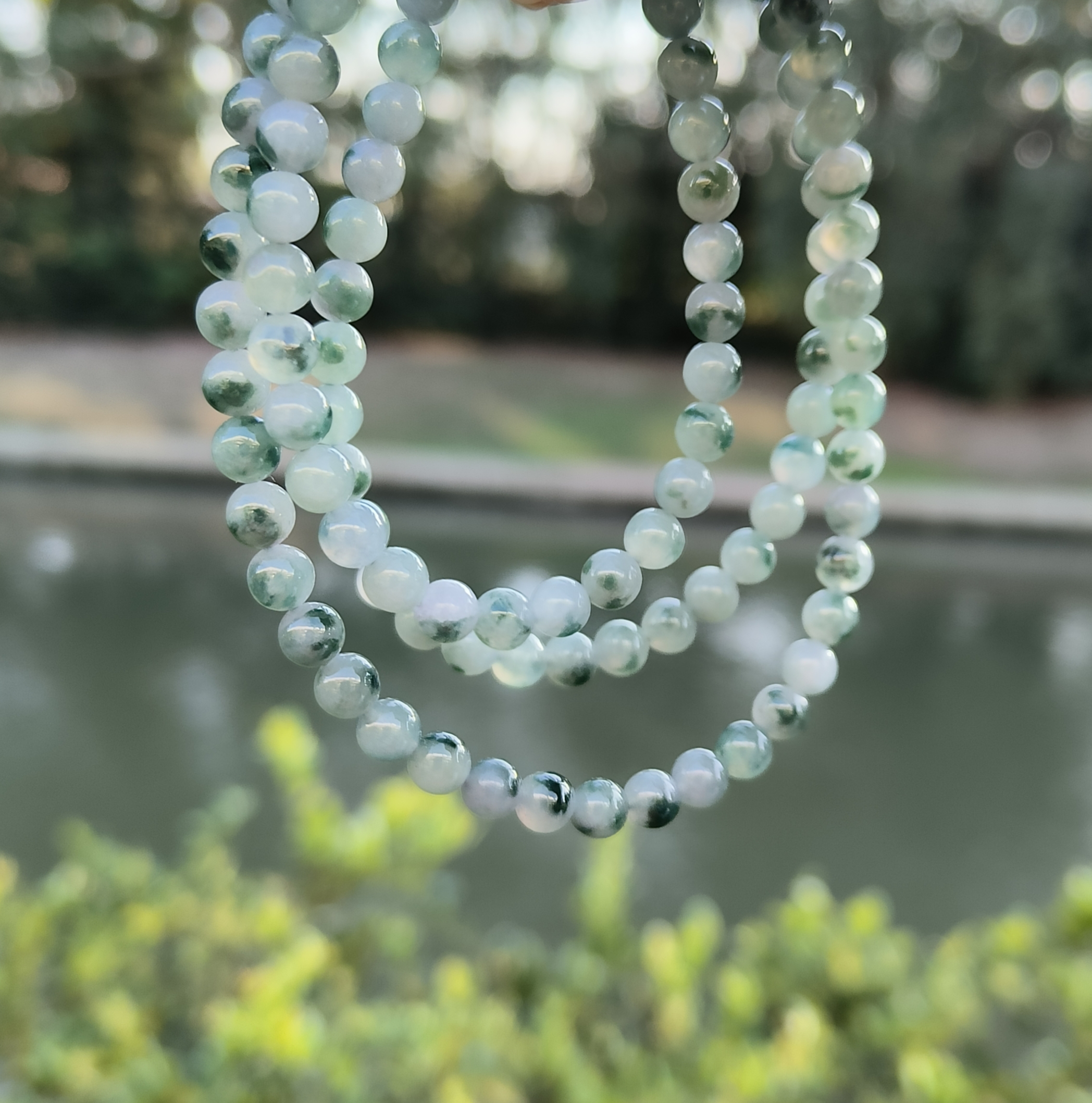 卡5.4mm蓝底飘花项链手链天然缅甸翡翠A货玉石圆珠110颗送证书