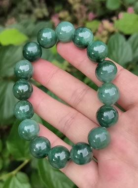 卡13.3mm蓝绿色翡翠手串手链天然缅甸翡翠A货玉石圆珠16颗送证书