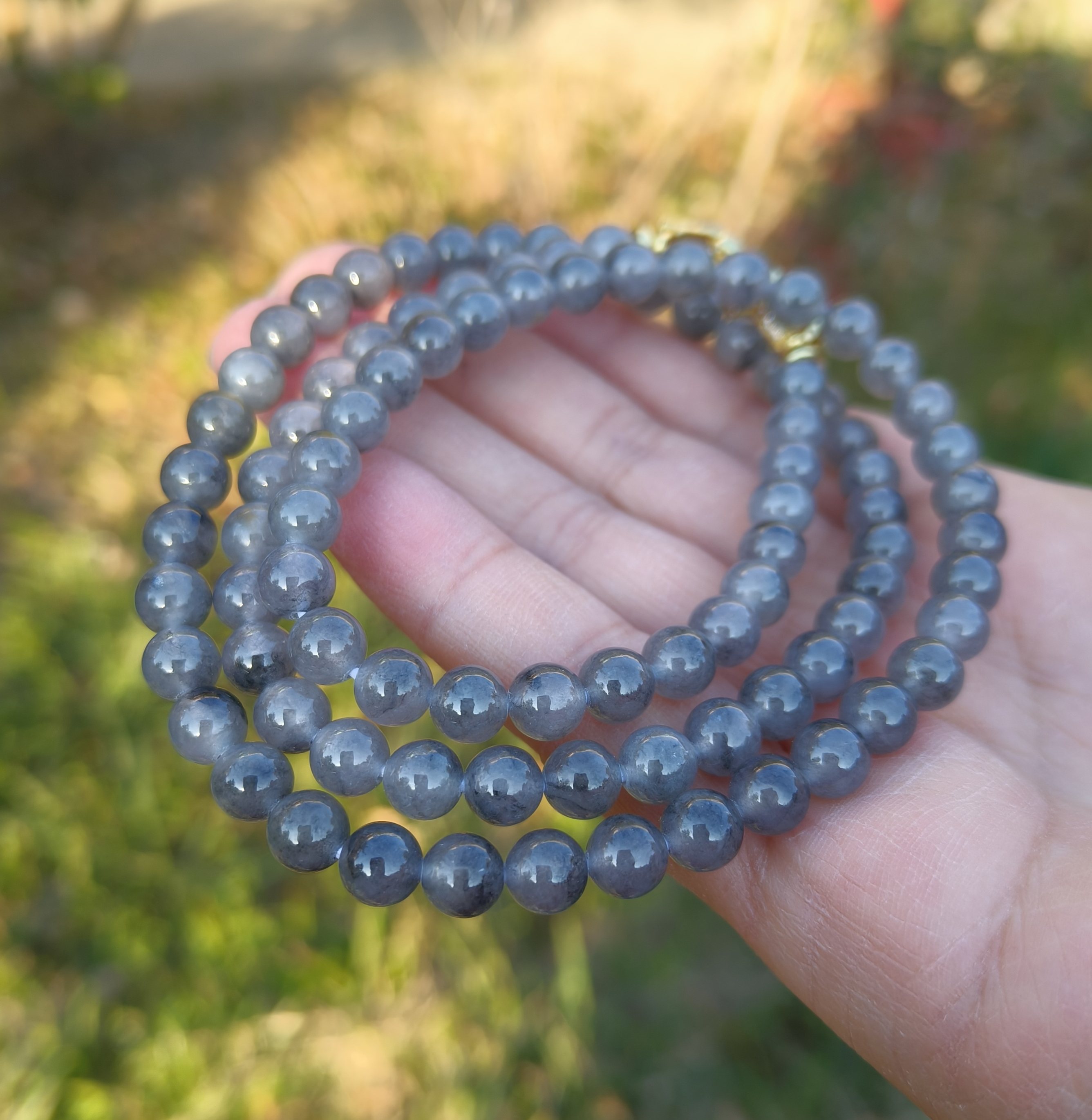 卡6.7mm冰乌鸡翡翠项链手链天然缅甸翡翠A货玉石圆珠92颗送证书