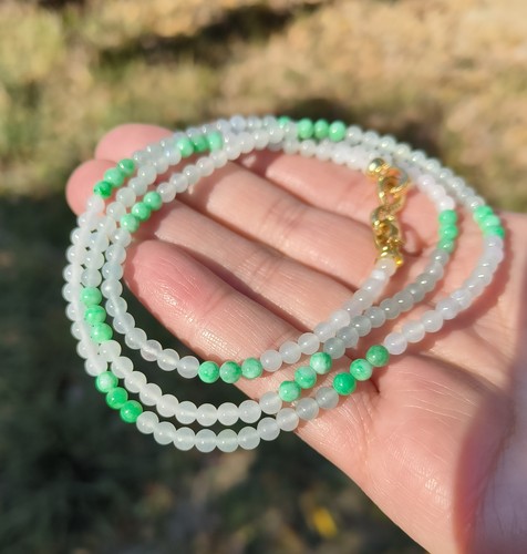 卡3.8mm白绿双彩小米珠项链手链天然缅甸翡翠A货玉石166颗送证书