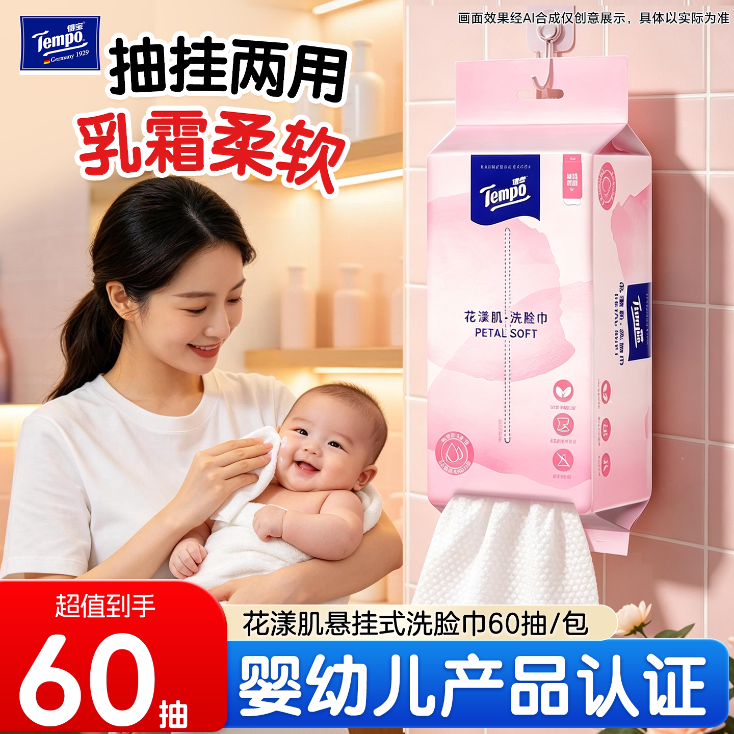 Tempo得宝花漾肌乳霜成分非全棉洗脸巾悬挂抽取式洗面巾婴儿可用U