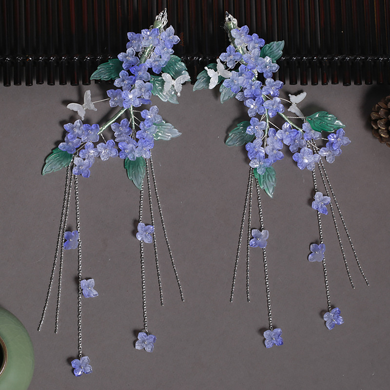 汉服发夹头饰发饰少女清新淡雅日常百搭紫色绣球花琉璃对夹发夹