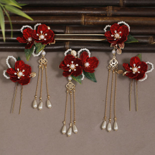 红色山茶马面裙盘发古风流苏汉服发饰套装新娘结婚敬酒服头饰女