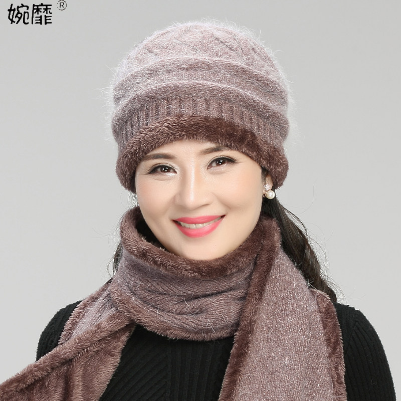 秋冬天中老年人帽子女兔毛线老人加绒保暖奶奶冬季加厚中年妈妈帽