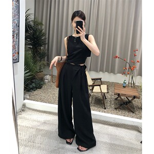 2024夏季时尚高级感黑色漏背系带无袖背心两件套装女阔腿长裤套装