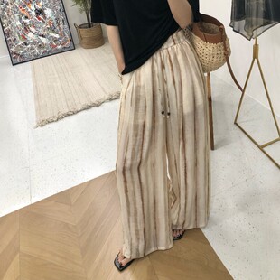 2026夏季新款莱赛尔亚麻条纹高腰阔腿休闲裤女气质宽松高级长裤子