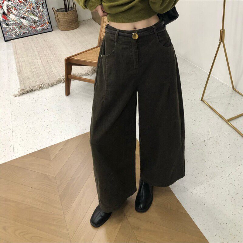 韩式老钱风条绒阔腿九分裤女
