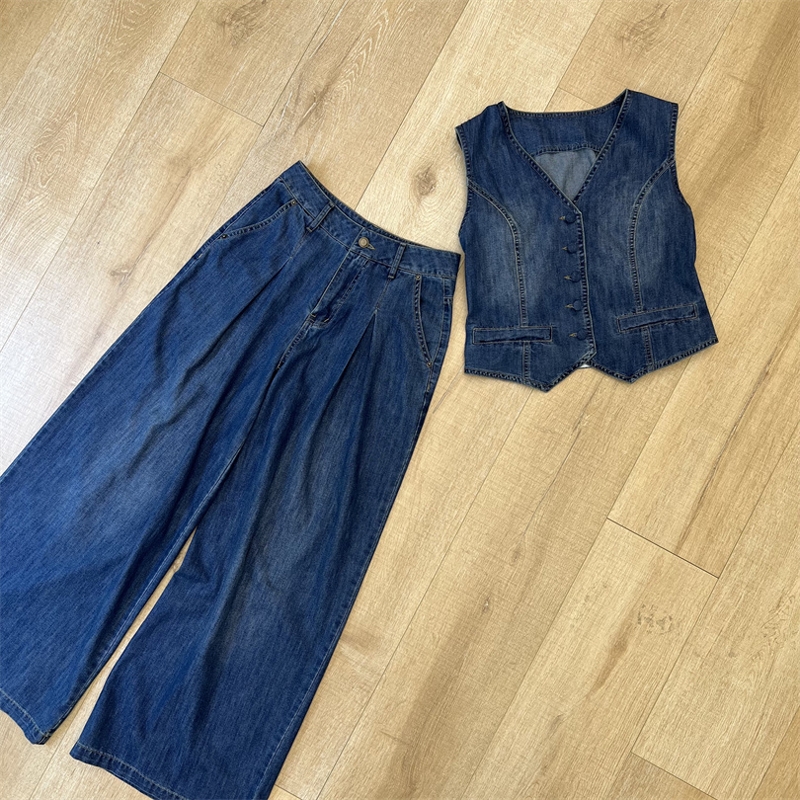 法式复古牛仔套装女2025夏季新款无袖短款马甲高腰阔腿长裤两件套