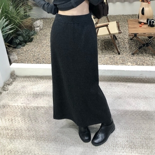 深灰色半身裙女2025秋冬新款显瘦毛呢包臀后开叉中长直筒A字裙子