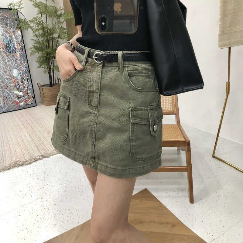 2026夏季新款复古美拉德风牛仔半身裙女a字口袋工装短裙（配腰带