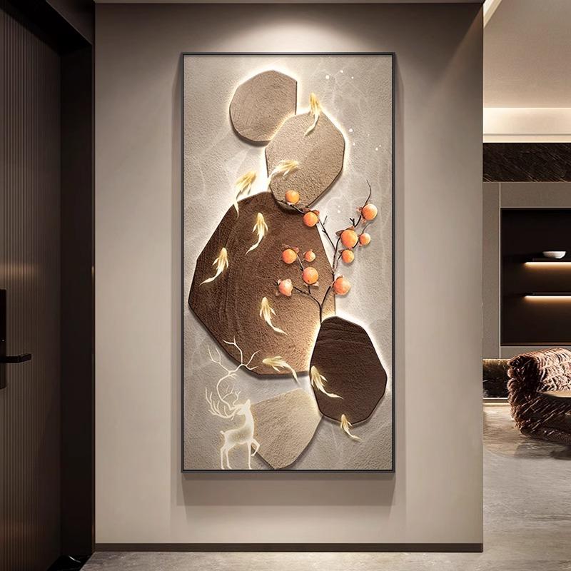 石来运转玄关装饰画风水画九鱼图入户正对门挂画侘寂风客厅墙壁画图片