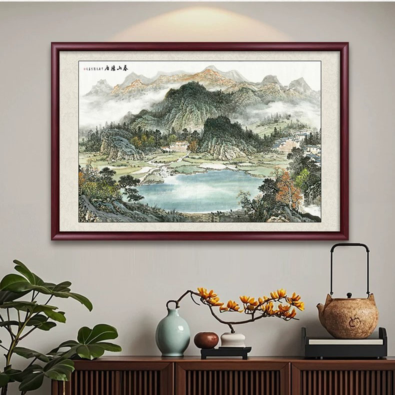 聚宝盆山水画新中式小幅水墨国画客厅走廊餐厅装饰画玄关实木挂画