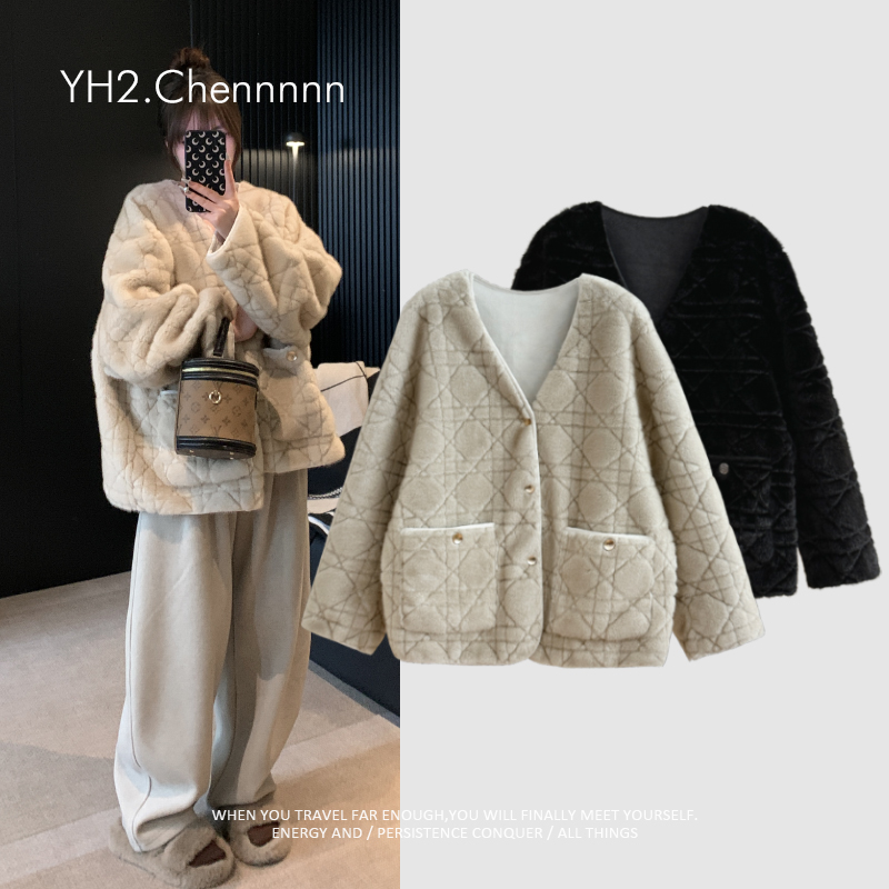 小香菱格纹环保水貂绒皮草外套