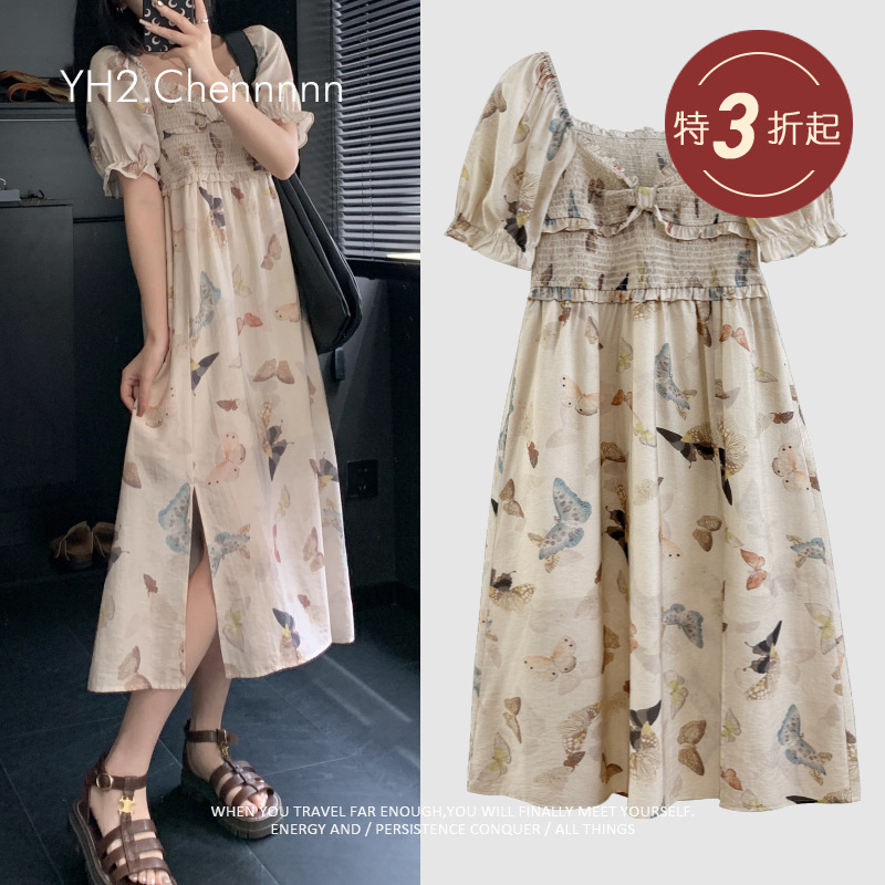 清冷感蝴蝶印花收腰打揽连衣裙