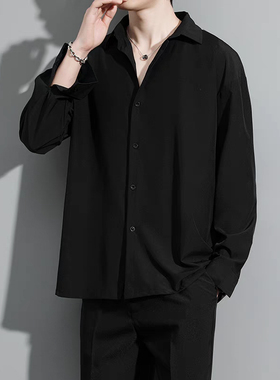 黑白灰色短袖衬衫男士夏季薄款宽松垂感痞帅冰丝五分袖衬衣男百搭