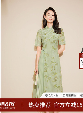 黛玛诗绿色气质优雅连衣裙春季新款新中式国风印花改良旗袍女日常